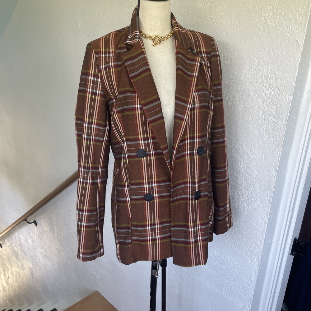 Boohoo Blazer Women 6M Rust Houndstooth Light Double Breasted Open Front Italian